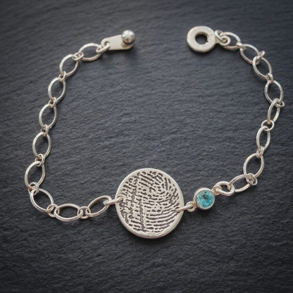 Fingerprint Charm & Birthstone CZ Bracelet for Women | Personalized Classic Sterling Chain