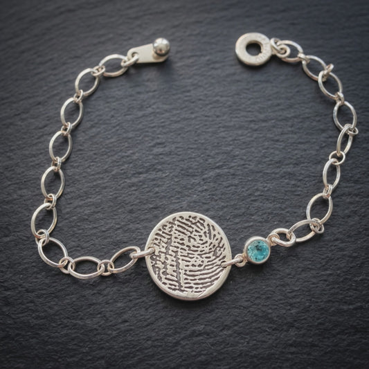 Fingerprint Charm & Birthstone CZ Bracelet for Women | Personalized Classic Sterling Chain