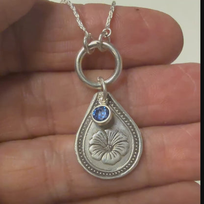 September Birth Flower Necklace – Morning Glory Teardrop Shape Pendant with Sapphire CZ