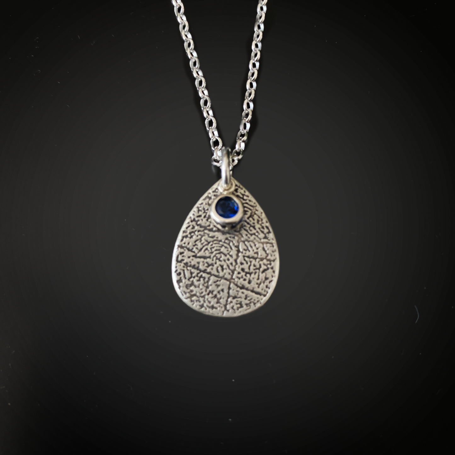 Teardrop Fingerprint Necklace with CZ Birthstone — Sterling Silver, 18" Chain (Back Engraving Add-On)
