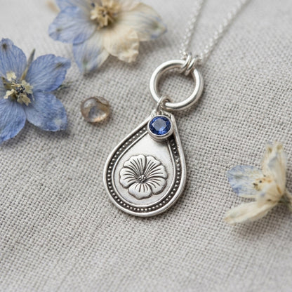 September Birth Flower Necklace – Morning Glory Teardrop Shape Pendant with Sapphire CZ