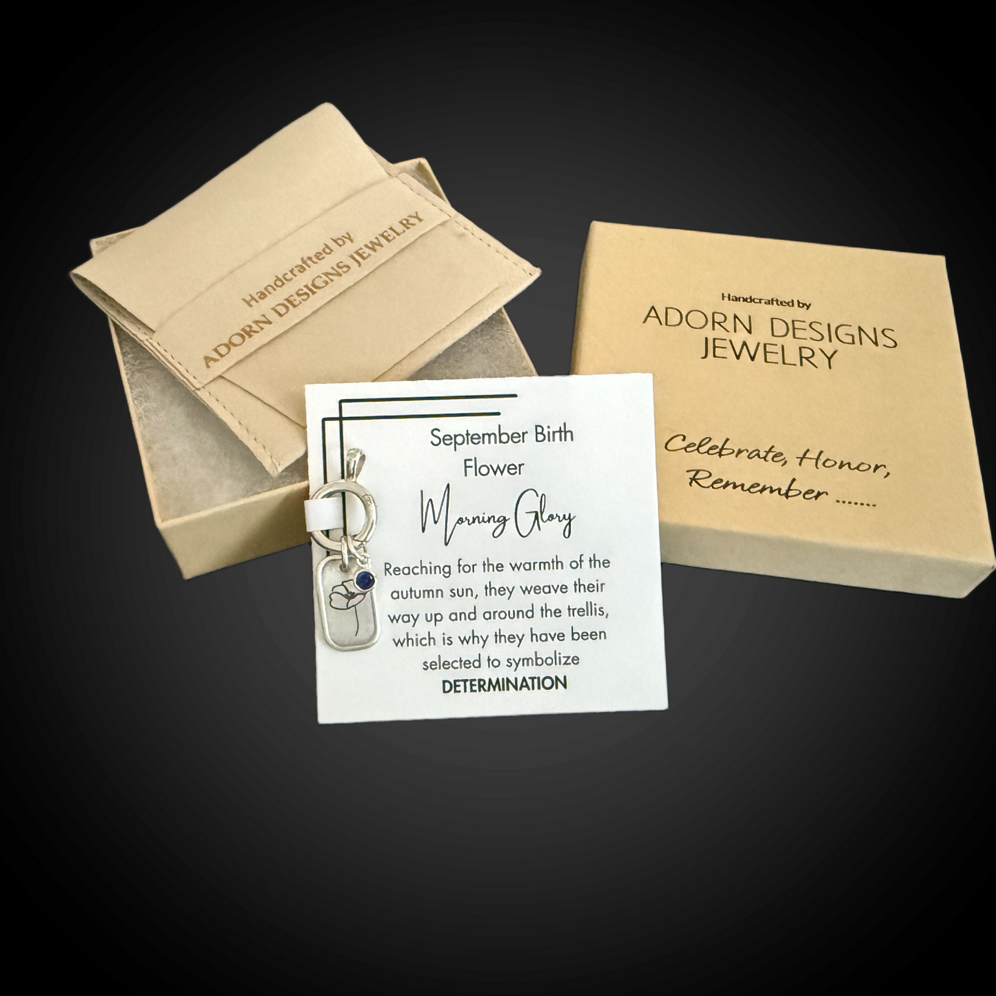 Personalized September Birth Month Morning Glory Flower Charm: Sapphire CZ Birthstone, Hinged Charm Holder can add charms, Sterling Silver