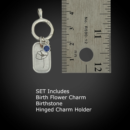 Personalized September Birth Month Morning Glory Flower Charm: Sapphire CZ Birthstone, Hinged Charm Holder can add charms, Sterling Silver