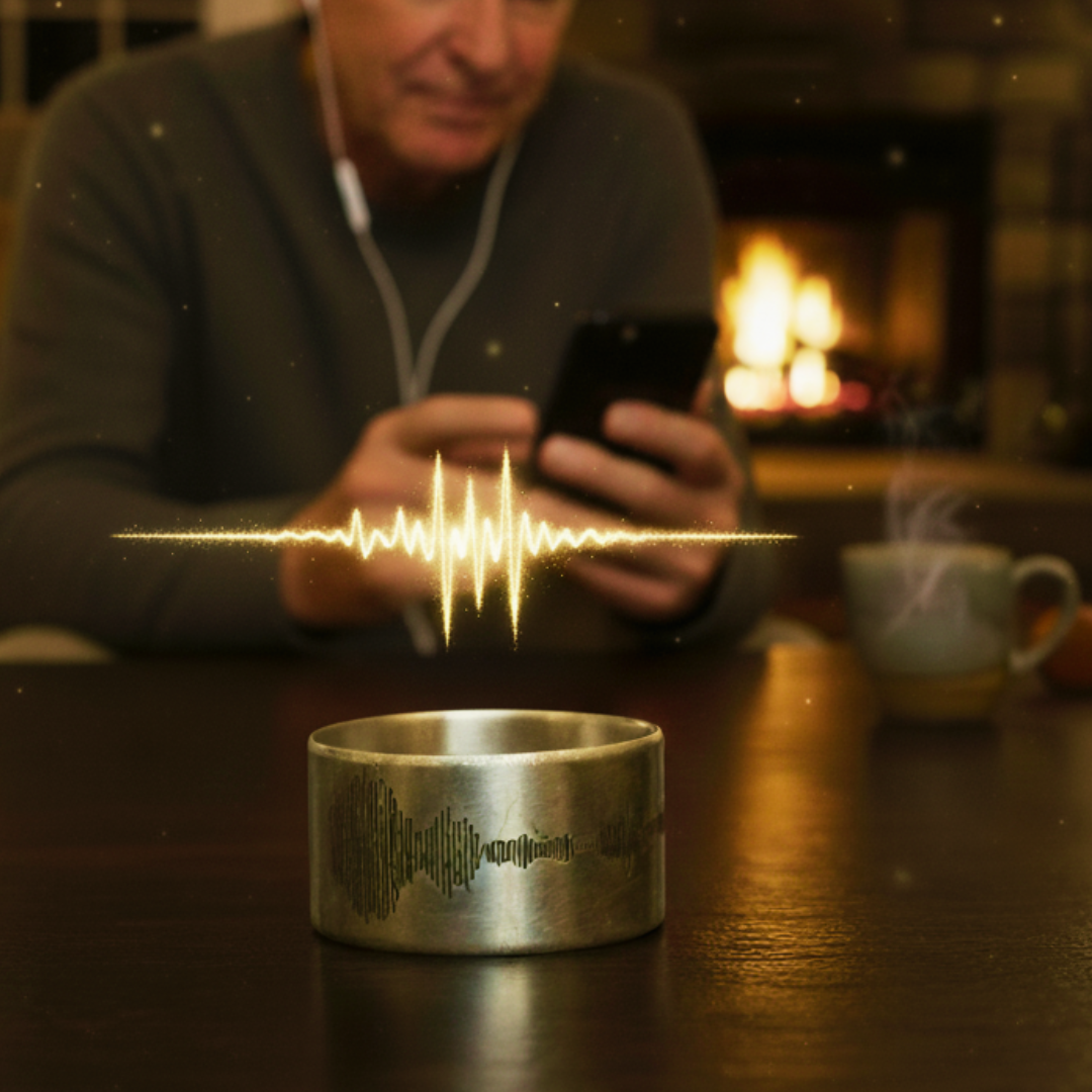 sterling soundwave ring on table with a man listening to the voice recording