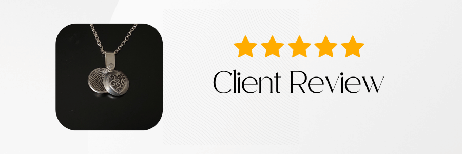 Silver necklace with a pendant on a black background, five yellow stars, and 'Client Review' text.
