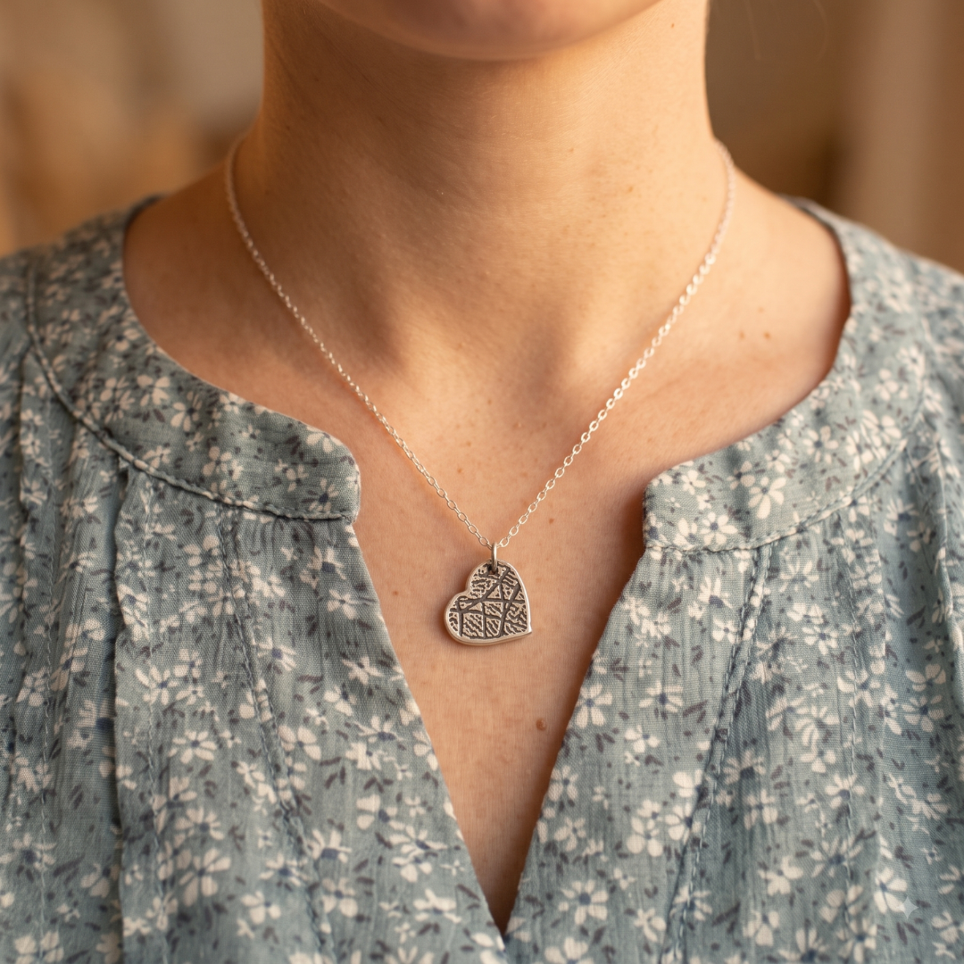 Dainty Heart Tilted Sideways Fingerprint Necklace — Sterling Silver