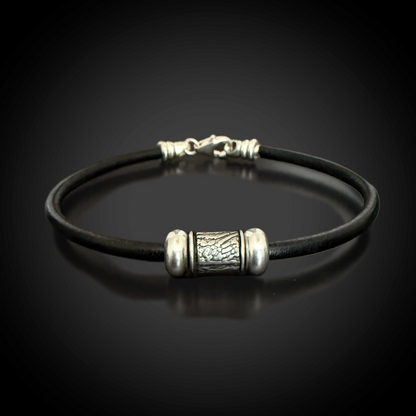 3mm Round Leather Cord Bracelet w/ Sterling Silver Fingerprint - Black