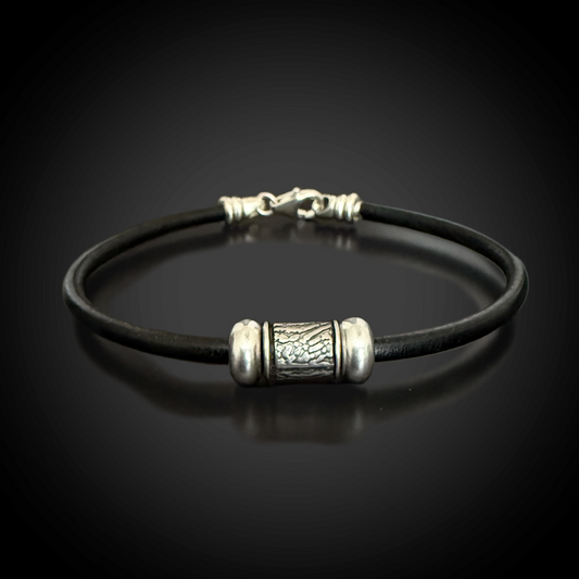 3mm Round Leather Cord Bracelet w/ Sterling Silver Fingerprint - Black