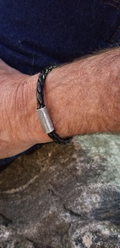 Fingerprint Bracelet — Braided Italian Leather with Sterling Silver Tube Bead (Black)