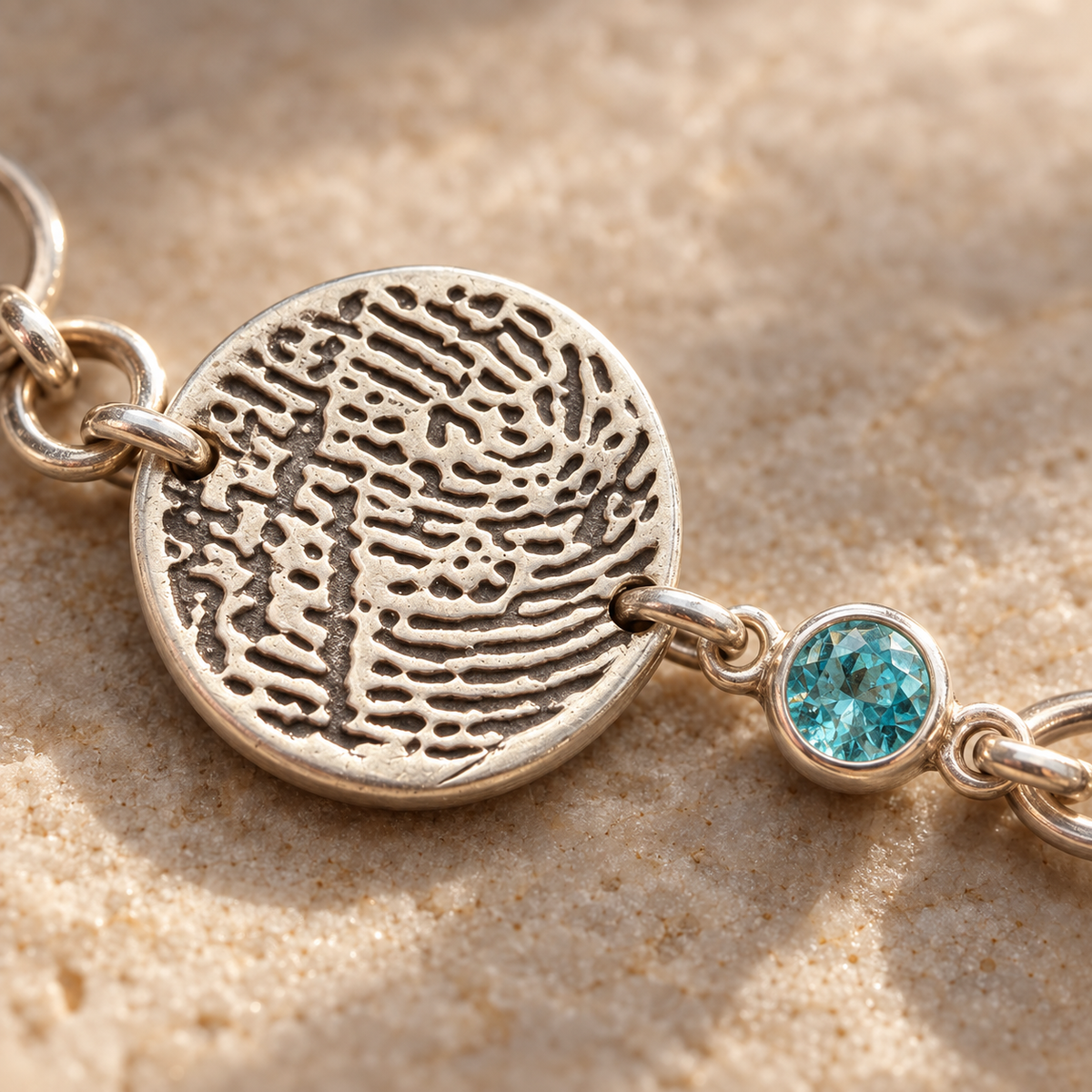 Fingerprint Charm & Birthstone CZ Bracelet for Women | Personalized Classic Sterling Chain
