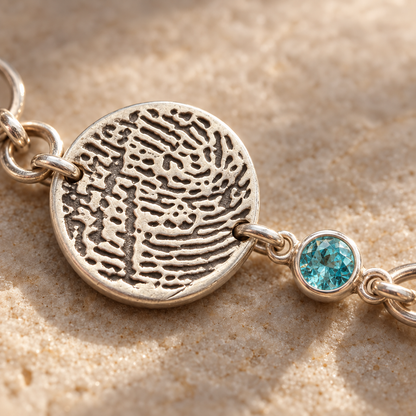 Fingerprint Charm & Birthstone CZ Bracelet for Women | Personalized Classic Sterling Chain