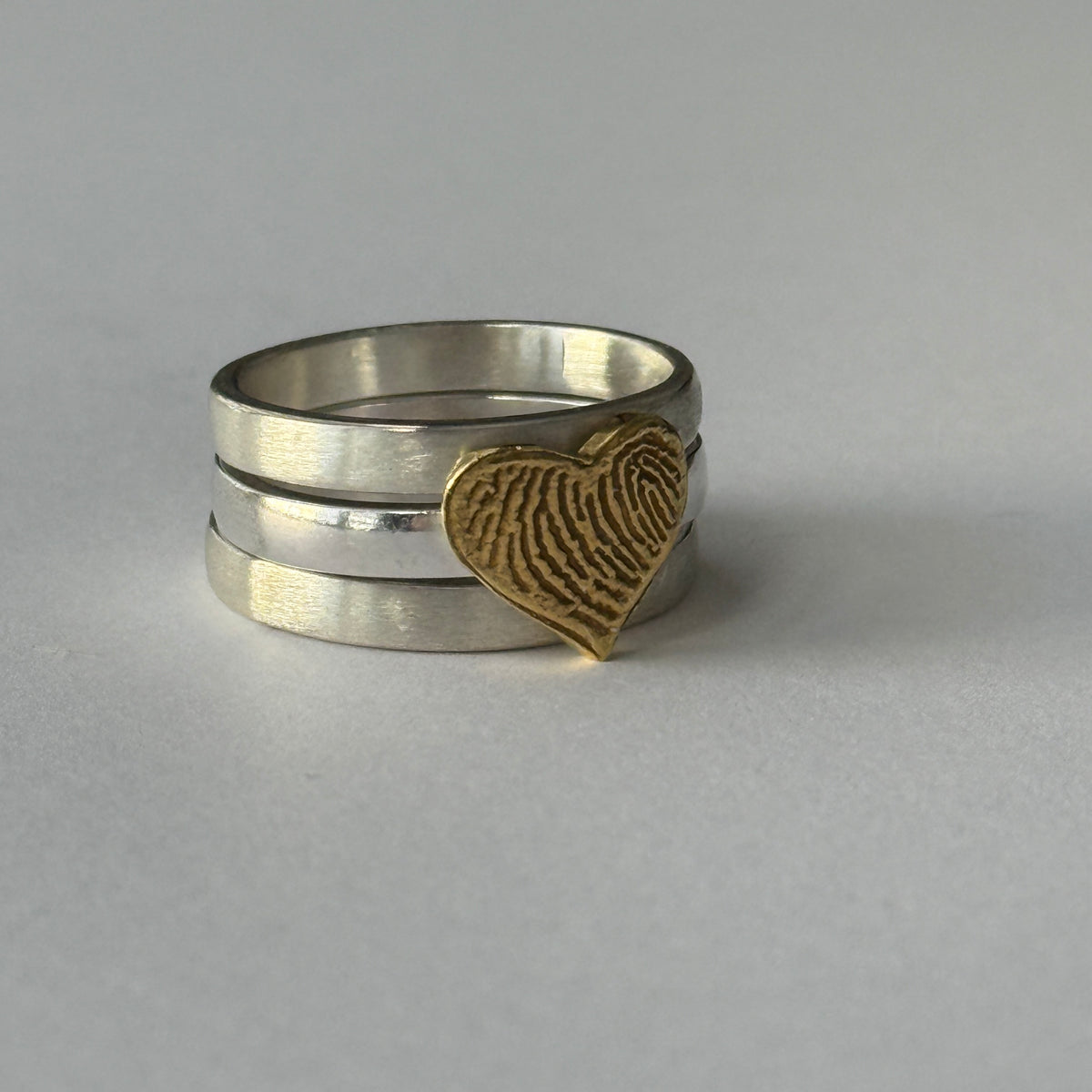 Wide Fingerprint Ring with 3 Sterling Silver Stacking Bands, 24k Gold Plate Fingerprint