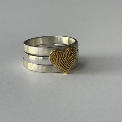 Wide Fingerprint Ring with 3 Sterling Silver Stacking Bands, 24k Gold Plate Fingerprint