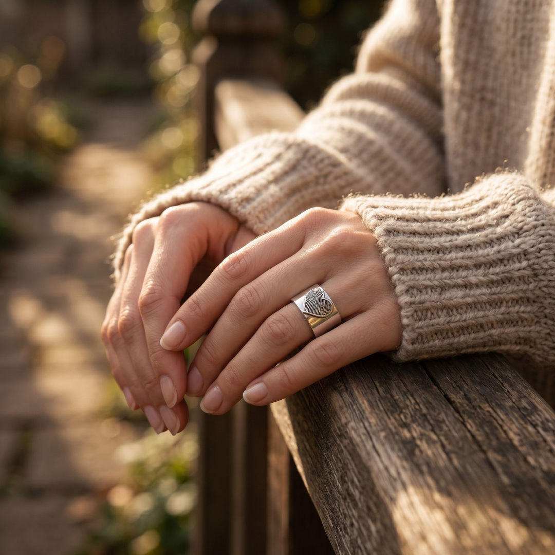 Wide Band Fingerprint Heart Ring — Sterling Silver, Optional Gold Plating