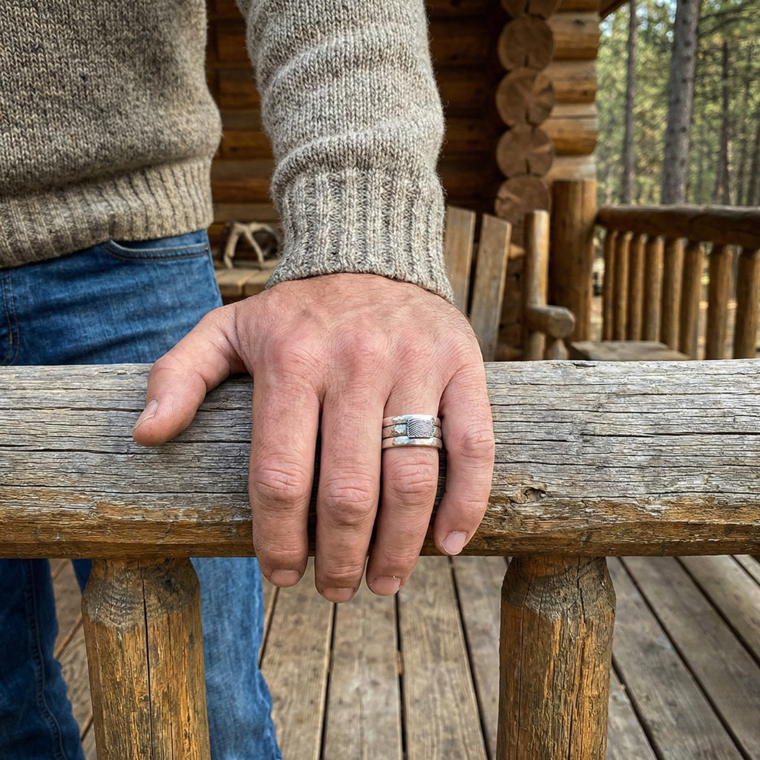 Wide Unisex Fingerprint Stacking Ring — Three Sterling Silver Bands - Men's or Women's
