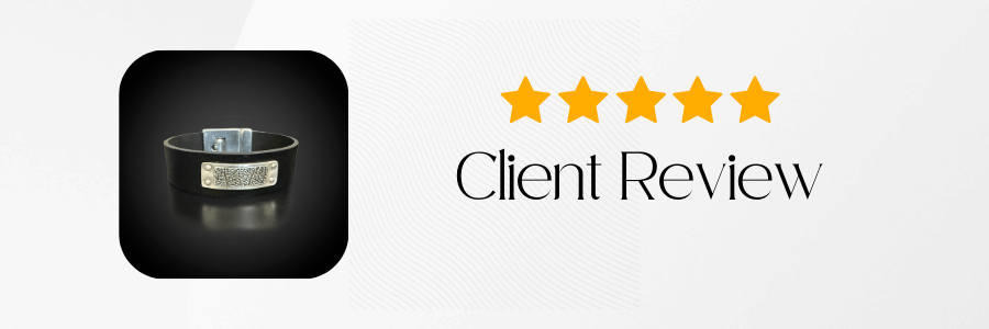 Five-star rating with a ring on a black background and 'Client Review' text.