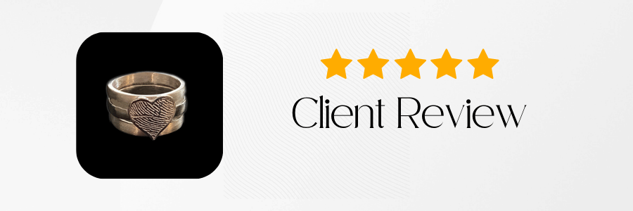 Silver ring with five-star rating and 'Client Review' text on a white background