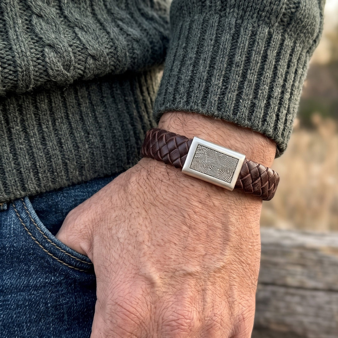 Braided Leather with Sterling Silver Fingerprint Slide Plate