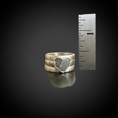 Wide Fingerprint Ring with Three Sterling Silver Stacking Bands — Heart Shape Memorial
