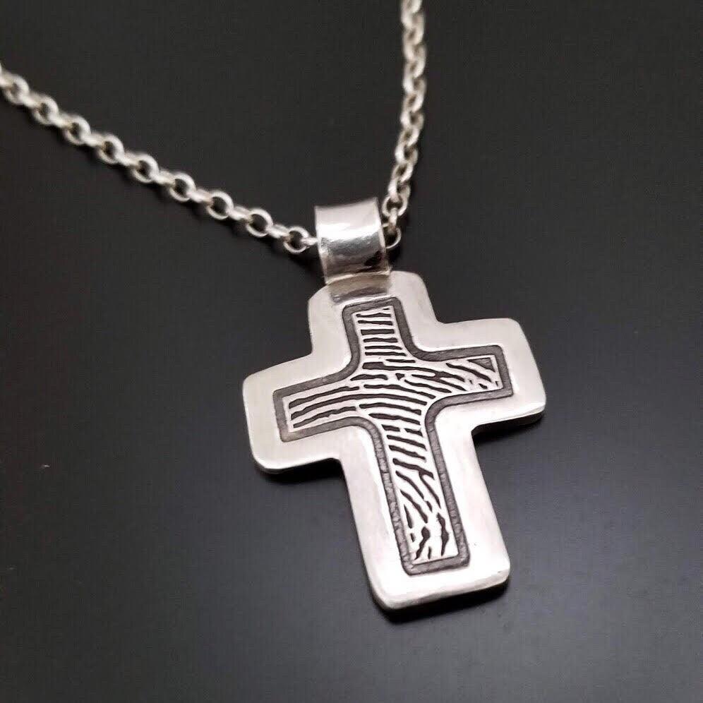 Sterling Silver Cross Shape Fingerprint Necklace - Adorn Designs Jewelery