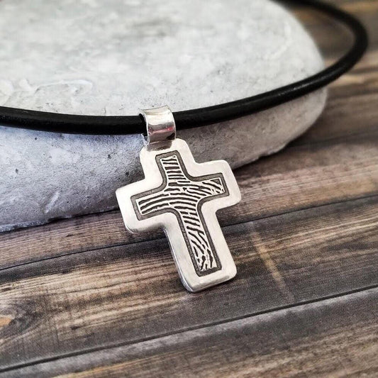 Sterling Silver Cross Shape Fingerprint Necklace