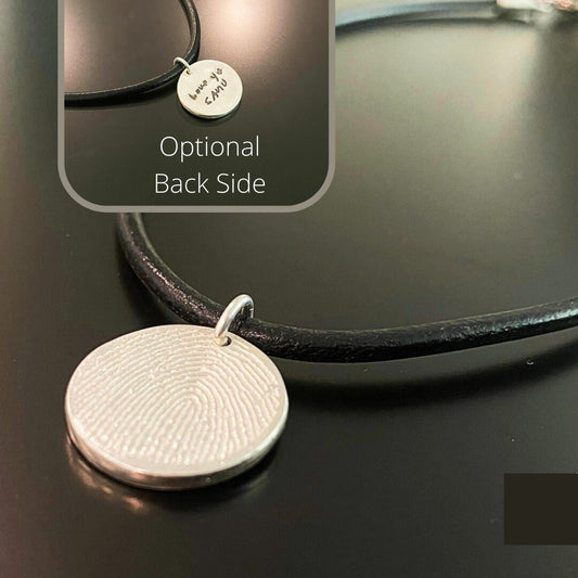 Sterling Silver Fingerprint Disk on Leather Cord Necklace