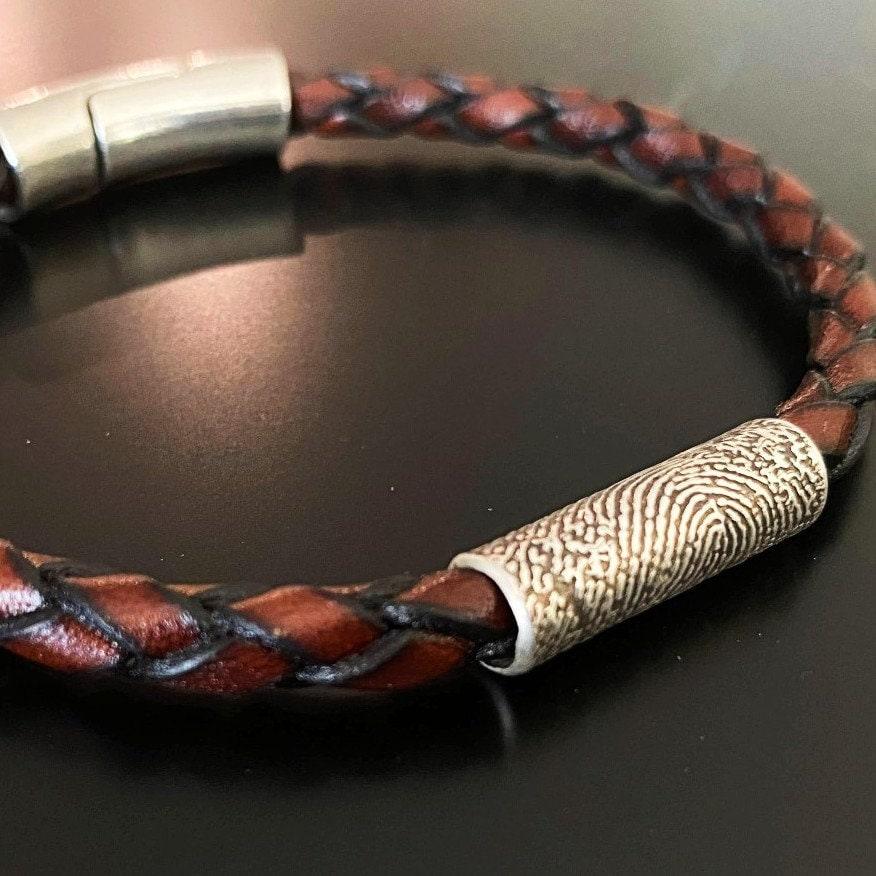 Braided Italian Leather Bracelet w/ Sterling Silver Fingerprint - Brown - Adorn Designs Jewelery