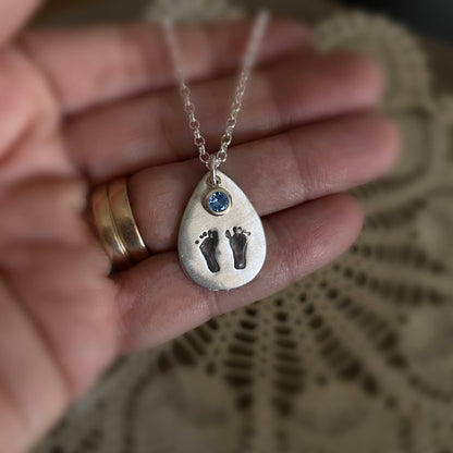 Baby Footprint Birthstone Necklace - Sterling Silver