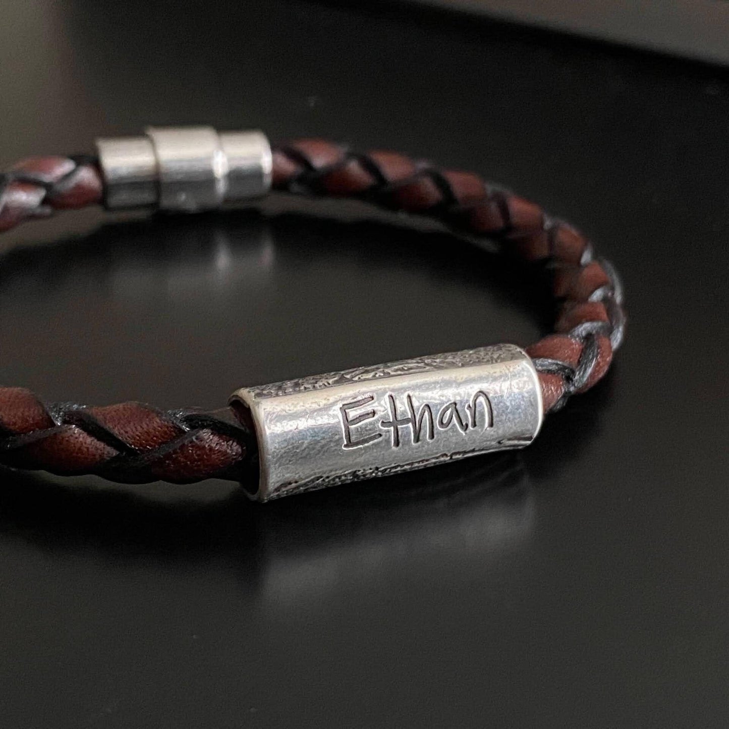 Braided Italian Leather Bracelet w/ Sterling Silver Fingerprint - Brown