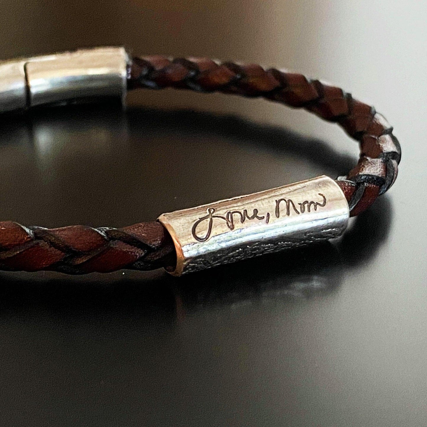 Braided Italian Leather Bracelet w/ Sterling Silver Fingerprint - Brown