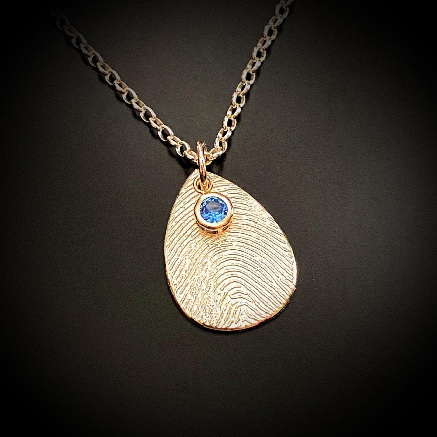 Fingerprint Teardrop Pendant with CZ Birthstone