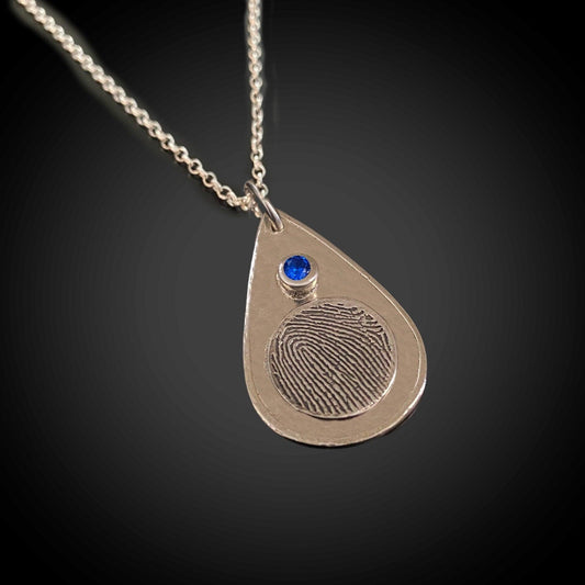 Teardrop Shape Fingerprint Pendant w/ Birthstone CZ