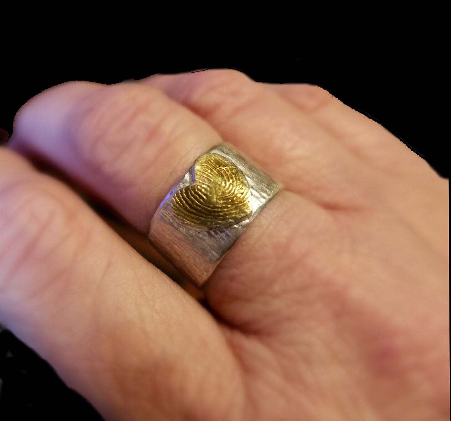 Wide Band Textured Sterling Silver Ring w/24k Gold Plate Heart