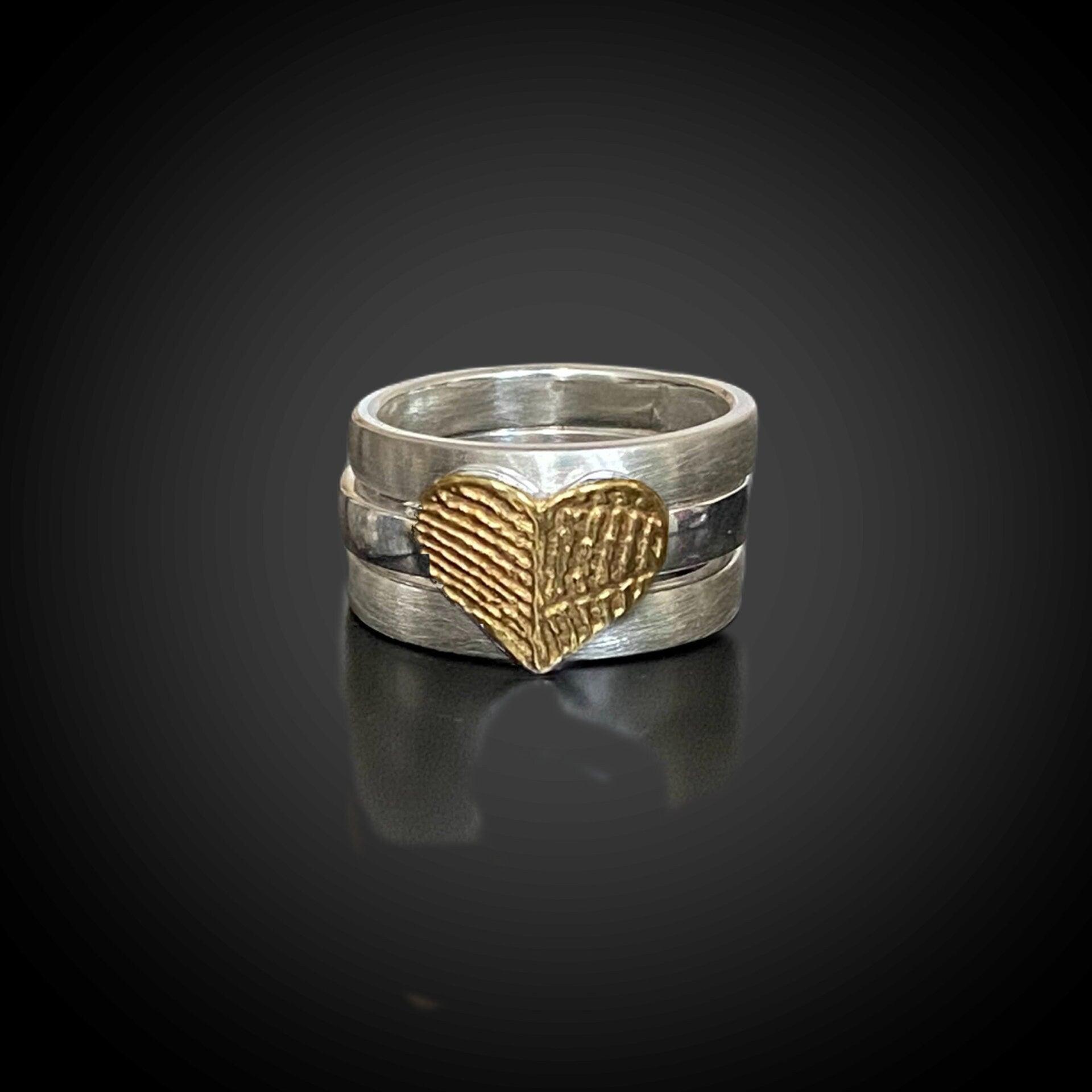 Wide Fingerprint Ring with 3 Sterling Silver Stacking Bands, 24k Gold Plate Fingerprint - Adorn Designs Jewelery