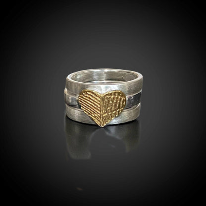 Wide Fingerprint Ring with 3 Sterling Silver Stacking Bands, 24k Gold Plate Fingerprint