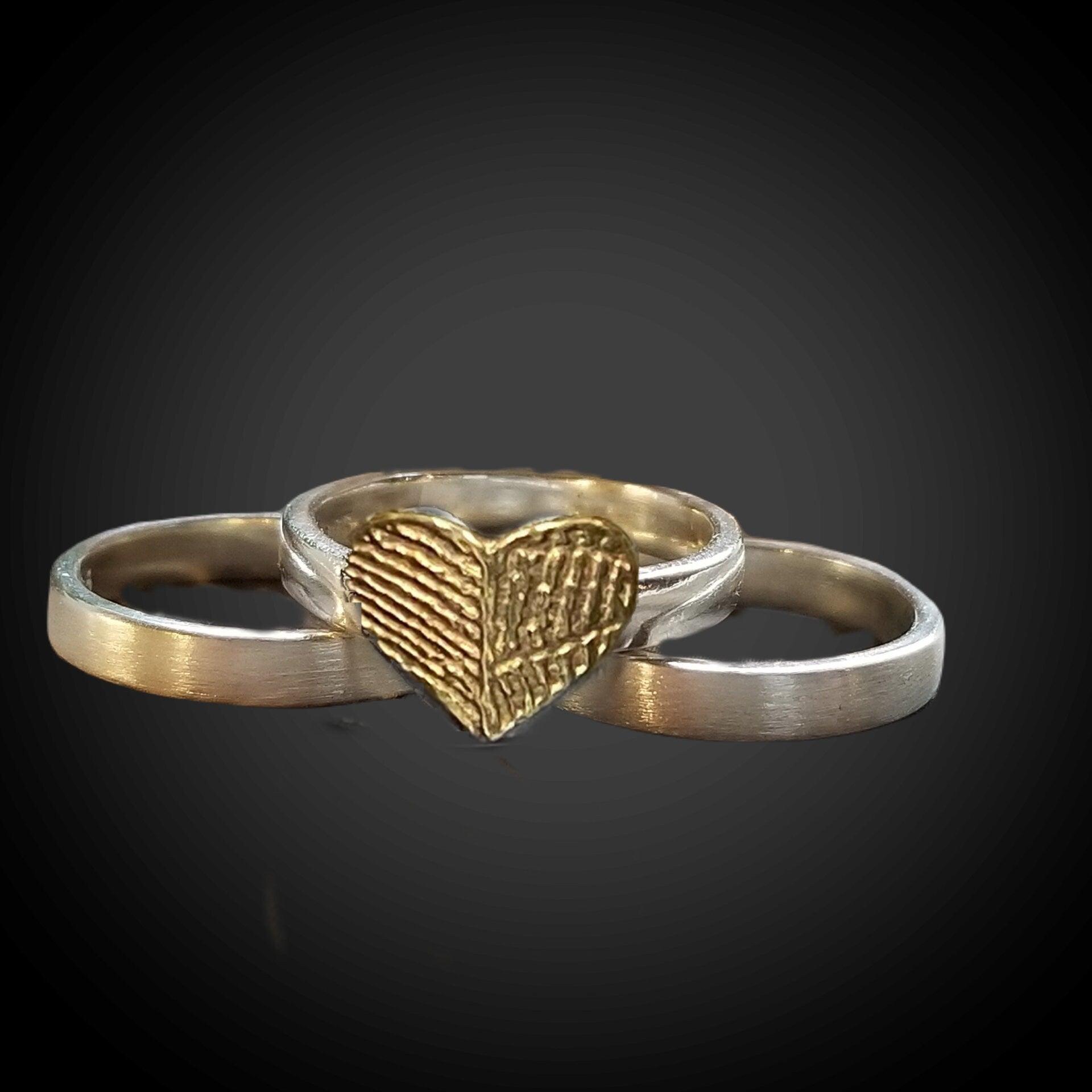 Wide Fingerprint Ring with 3 Sterling Silver Stacking Bands, 24k Gold Plate Fingerprint - Adorn Designs Jewelery