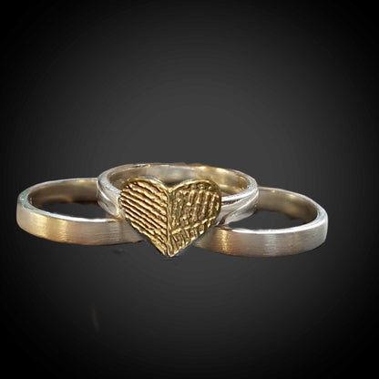 Wide Fingerprint Ring with 3 Sterling Silver Stacking Bands, 24k Gold Plate Fingerprint - Adorn Designs Jewelery