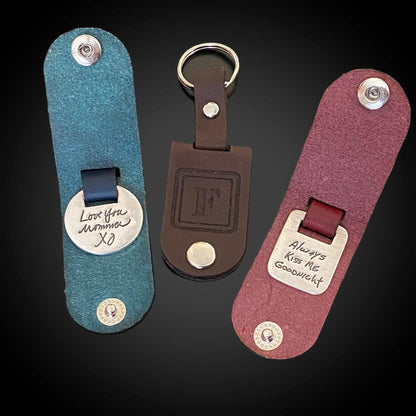 Leather Fold Over Key Ring w/ Handwriting or Fingerprint Medallion - Adorn Designs Jewelery