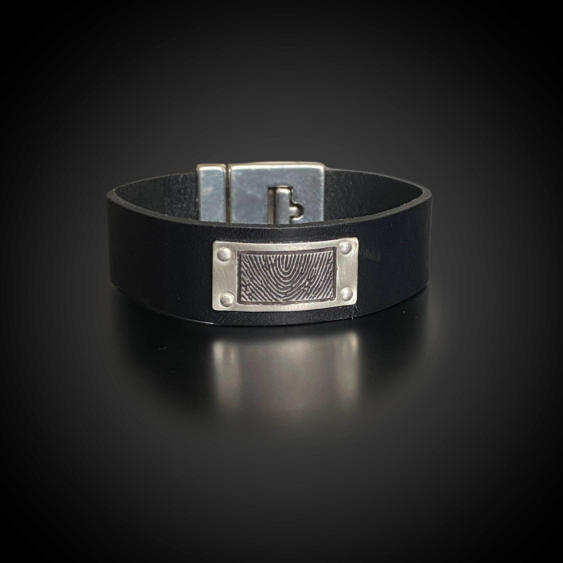 Leather Wide Band Bracelet w/ Sterling Silver Personalization Plate