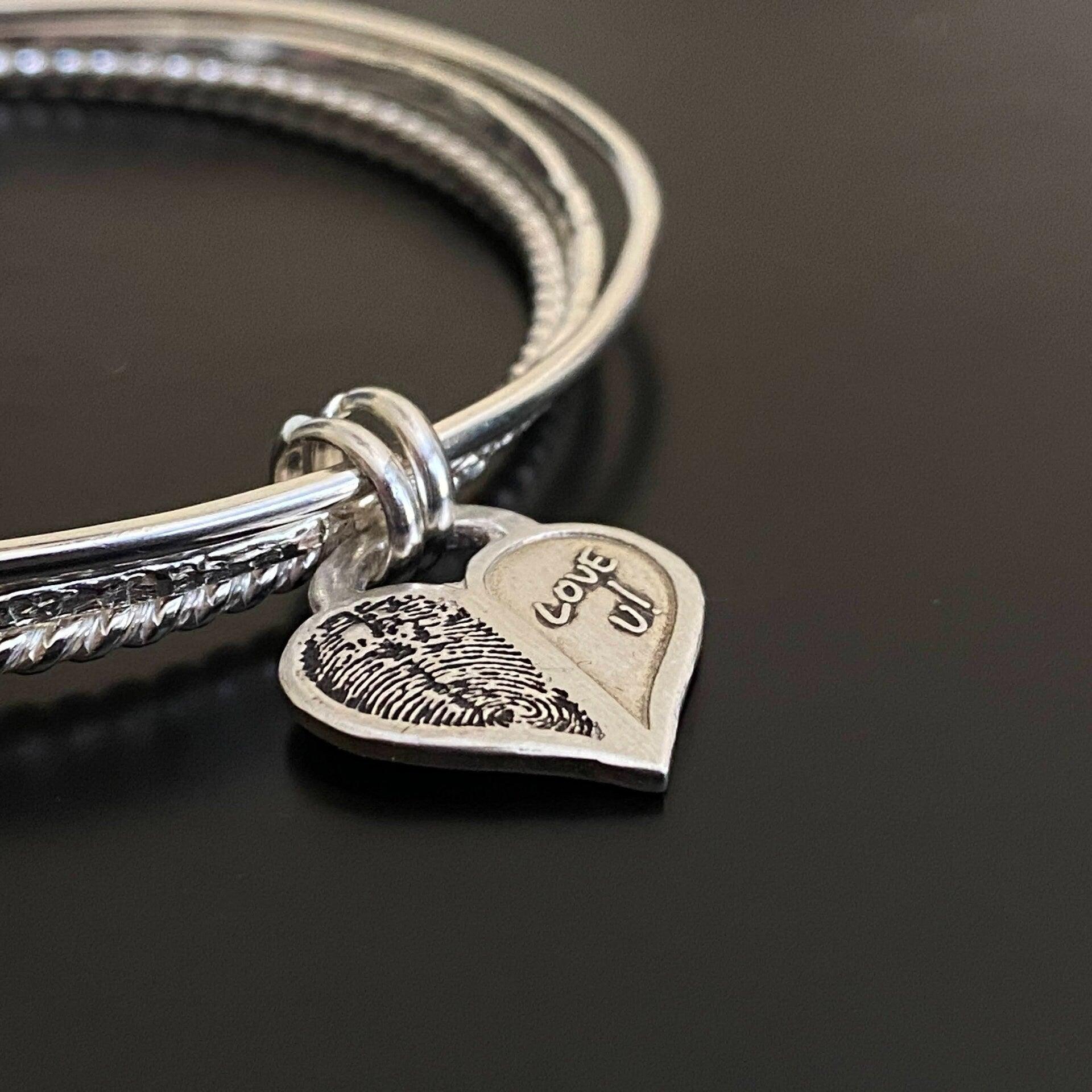 Sterling Silver Fingerprint Charm Bangle Bracelet | Set of 3 Bangles