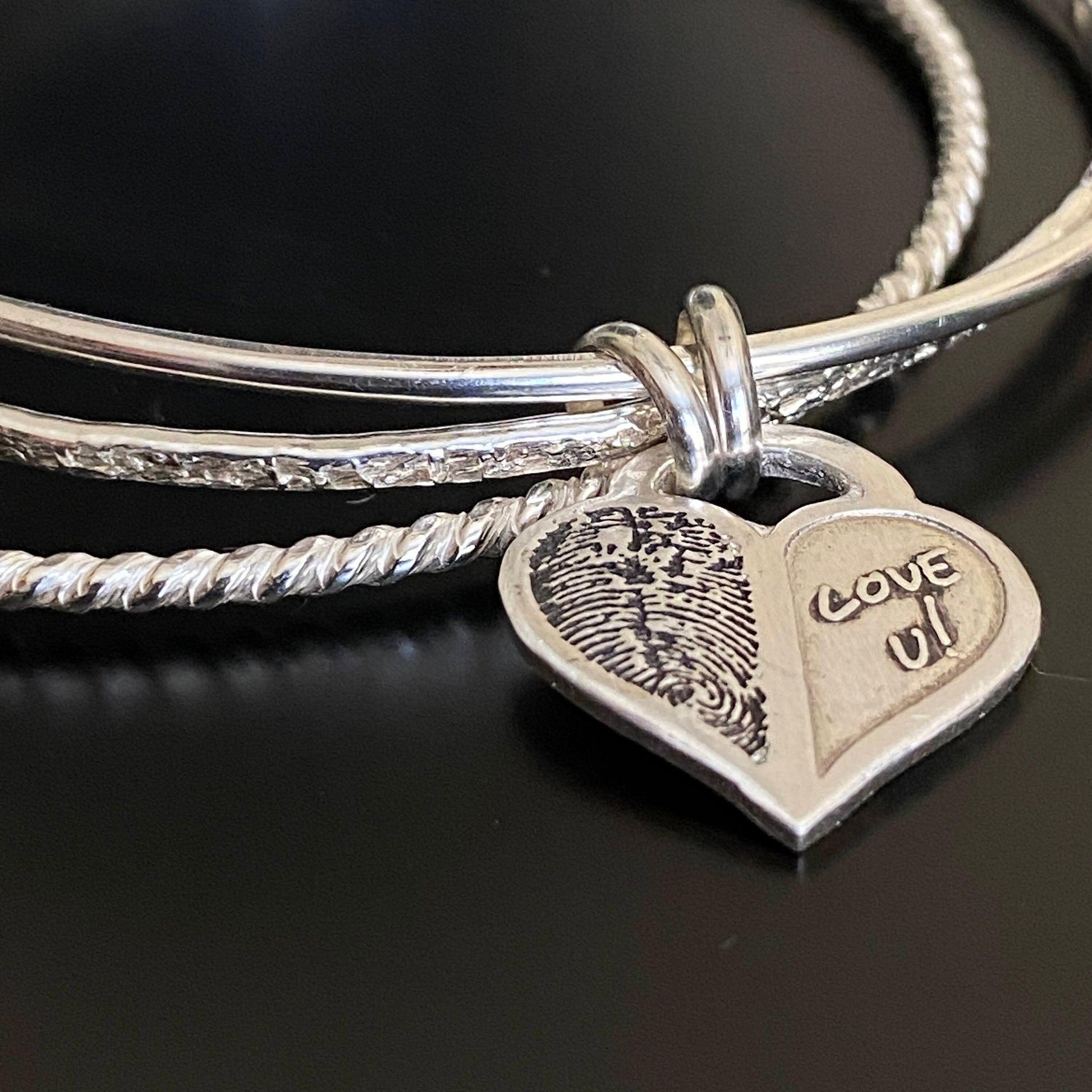 Sterling Silver Fingerprint Charm Bangle Bracelet | Set of 3 Bangles