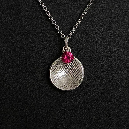 Sterling Silver Fingerprint Charm Necklace w/ 5mm CZ Birthstone