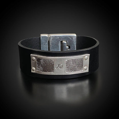 Leather Wide Band Bracelet w/ Sterling Silver Personalization Plate