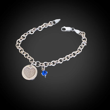 Classic Sterling Silver Charm Bracelet w/ Fingerprint & Birthstone CZ