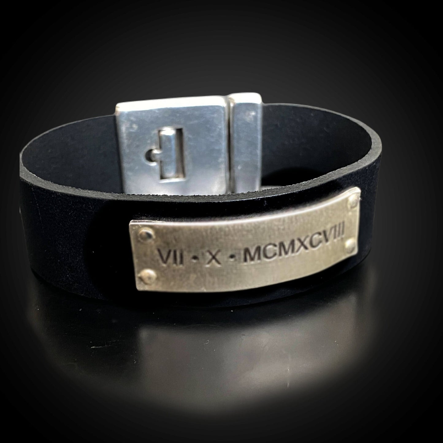 Leather Wide Band Bracelet w/ Sterling Silver Personalization Plate