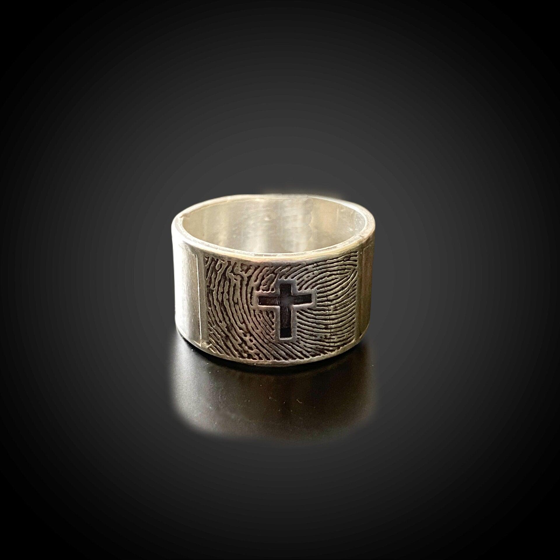 Wide Band Fingerprint Ring | Sterling Silver | Heart or Cross