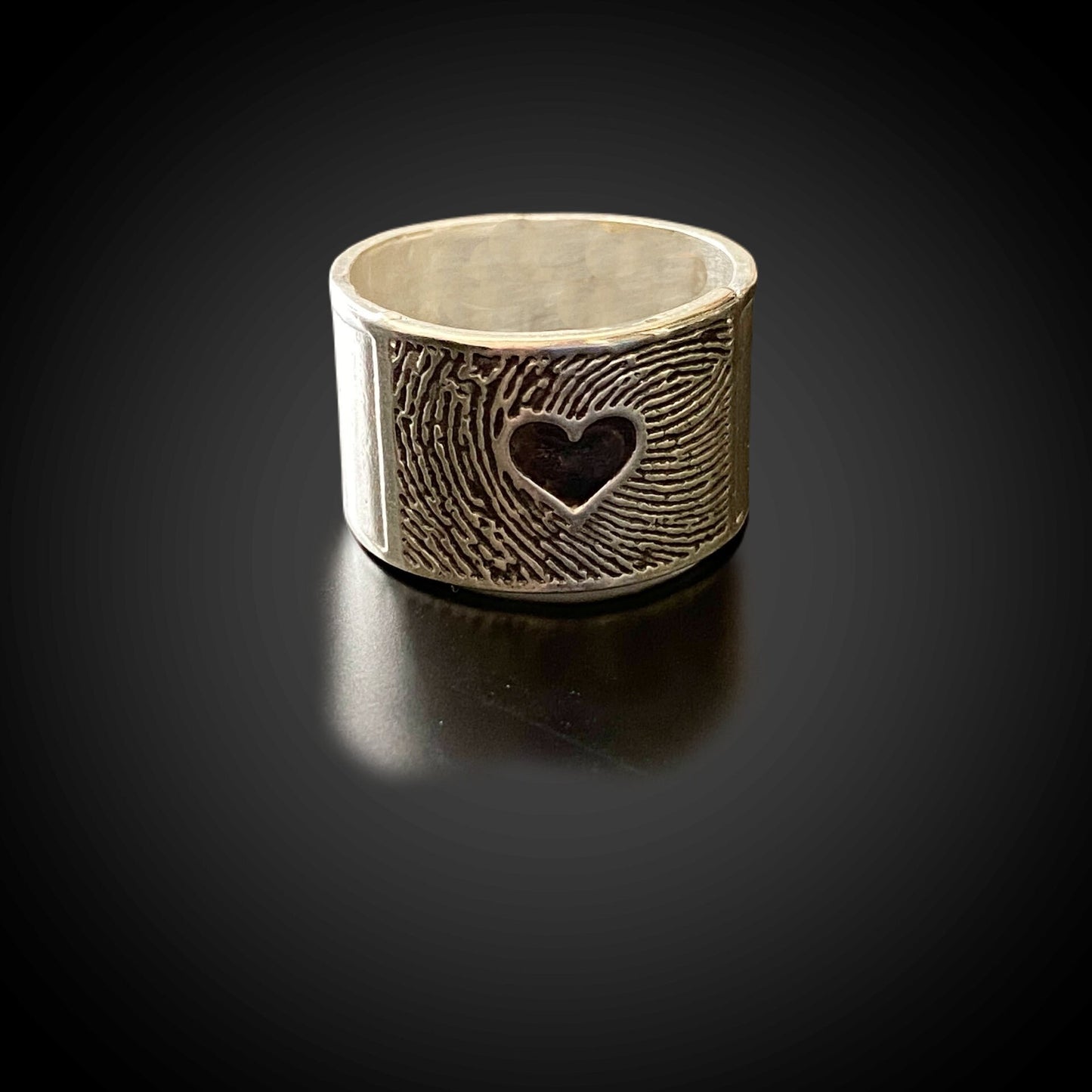 Wide Band Fingerprint Ring | Sterling Silver | Heart or Cross