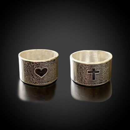 Wide Band Fingerprint Ring | Sterling Silver | Heart or Cross - Adorn Designs Jewelery