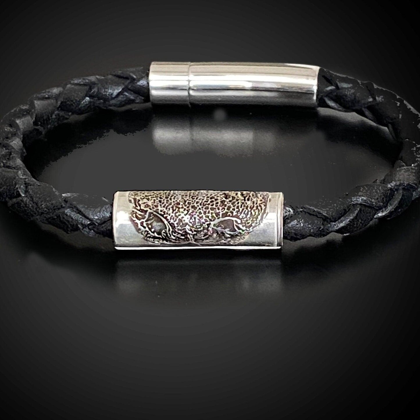 Dog Nose Memorial Imprint - Braided Leather Bracelet w/ Sterling Silver Tube Bead - Adorn Designs Jewelery