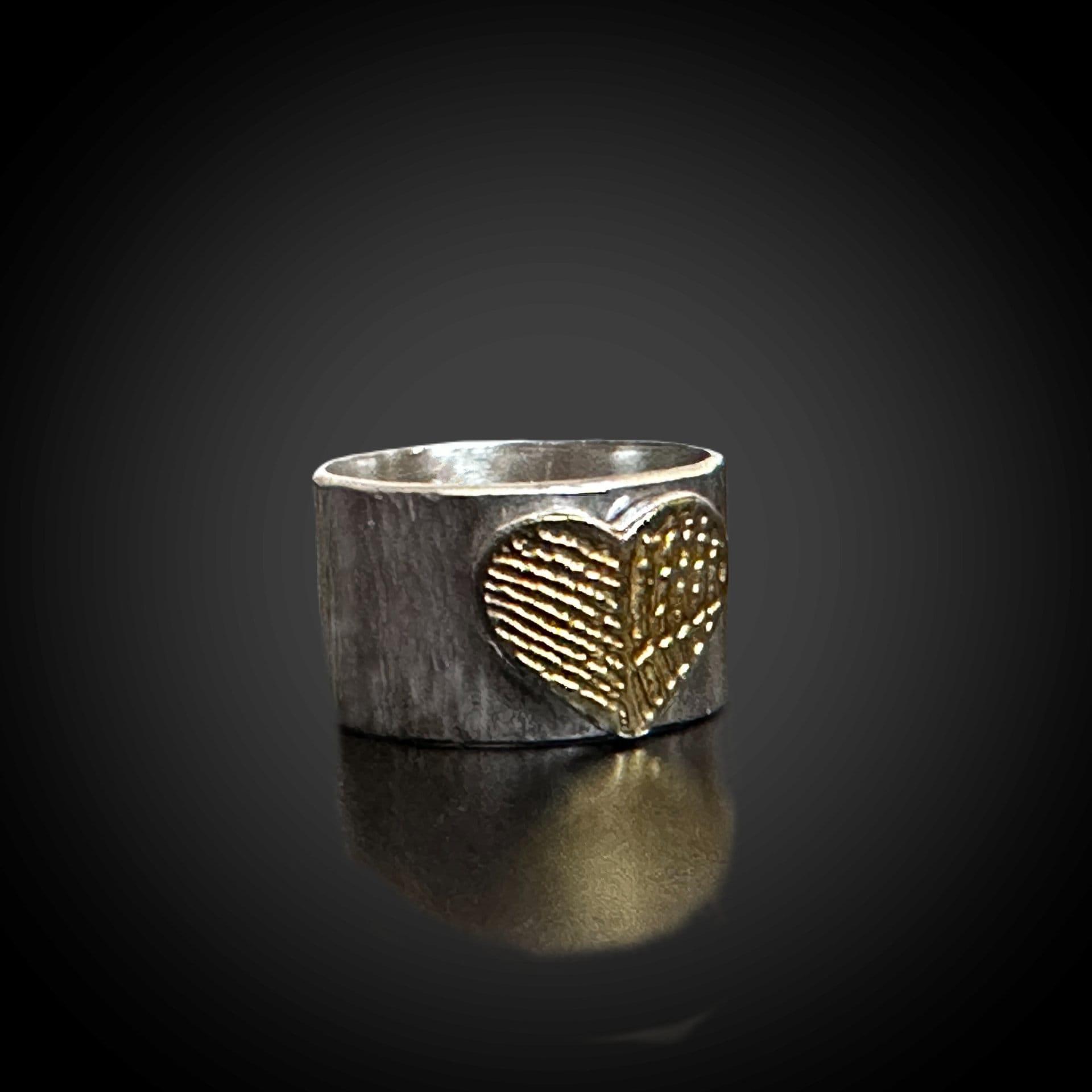 Wide Band Textured Sterling Silver Ring w/24k Gold Plate Heart - Adorn Designs Jewelery